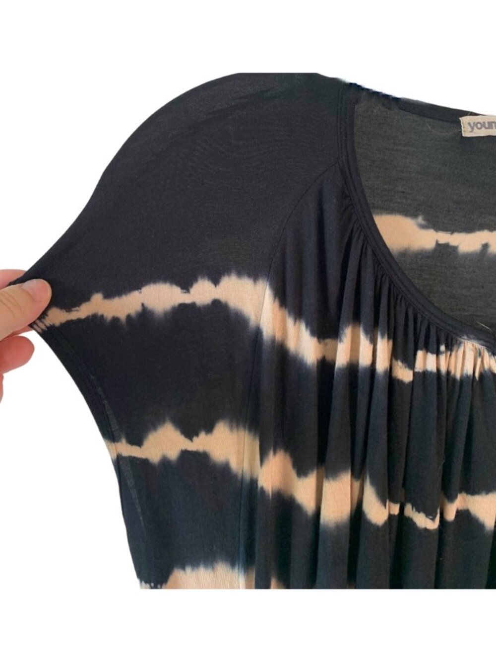 YOUNG, FABULOUS and BROKE Black + Tan Tie-Dye Cap Sleeve Knit Mini Dress Small - Picture 4 of 7